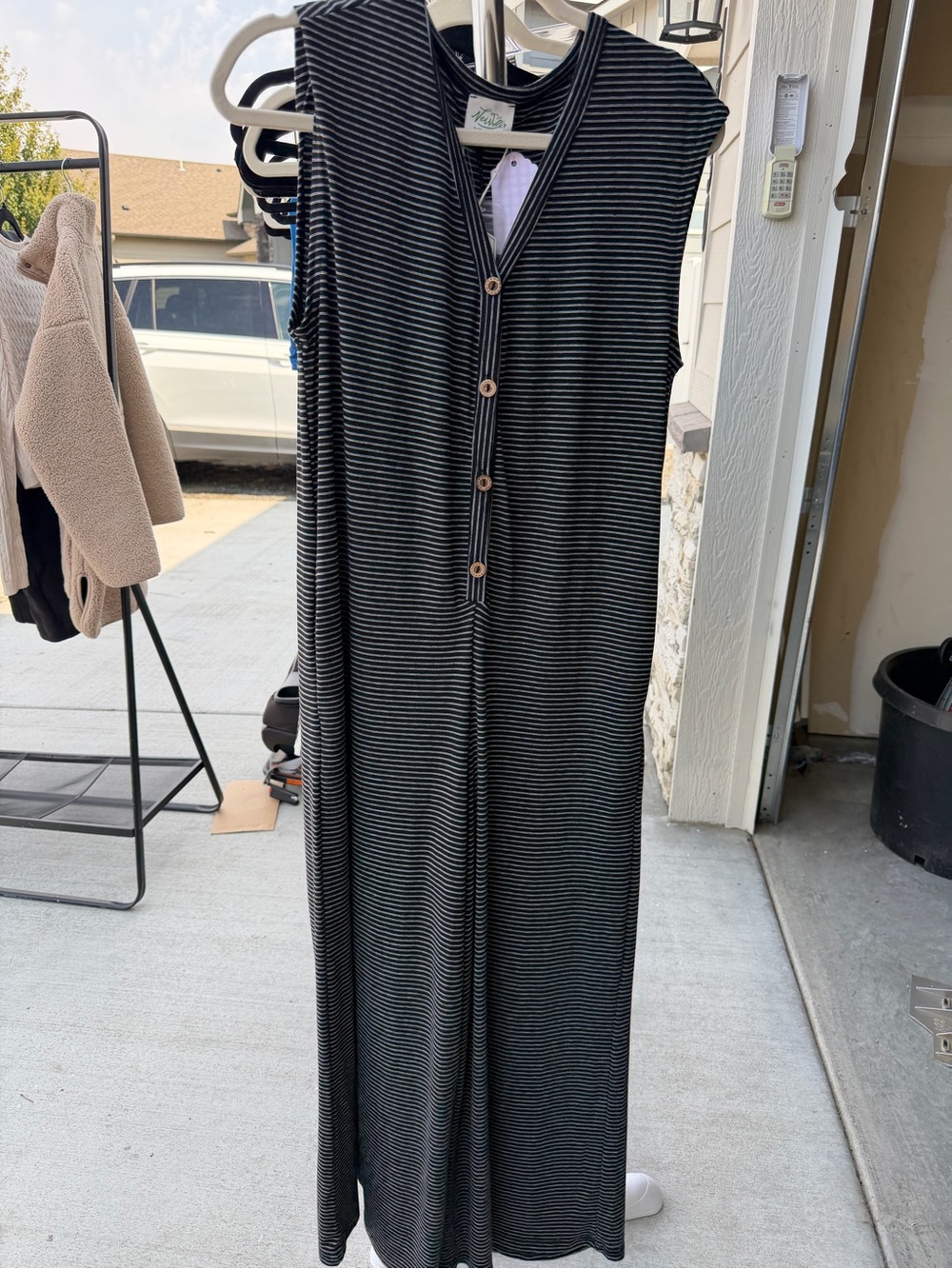 Sleeveless Black & White Striped Maxi Dress with Buttons